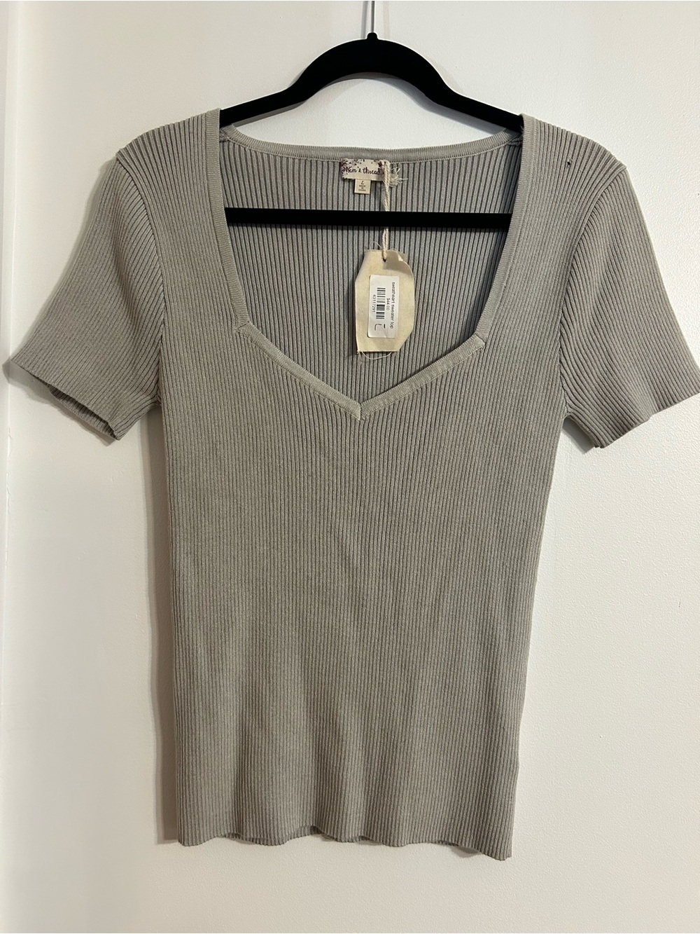 Hem & Thread Ribbed V-Neck Short Sleeve Top - Taupe